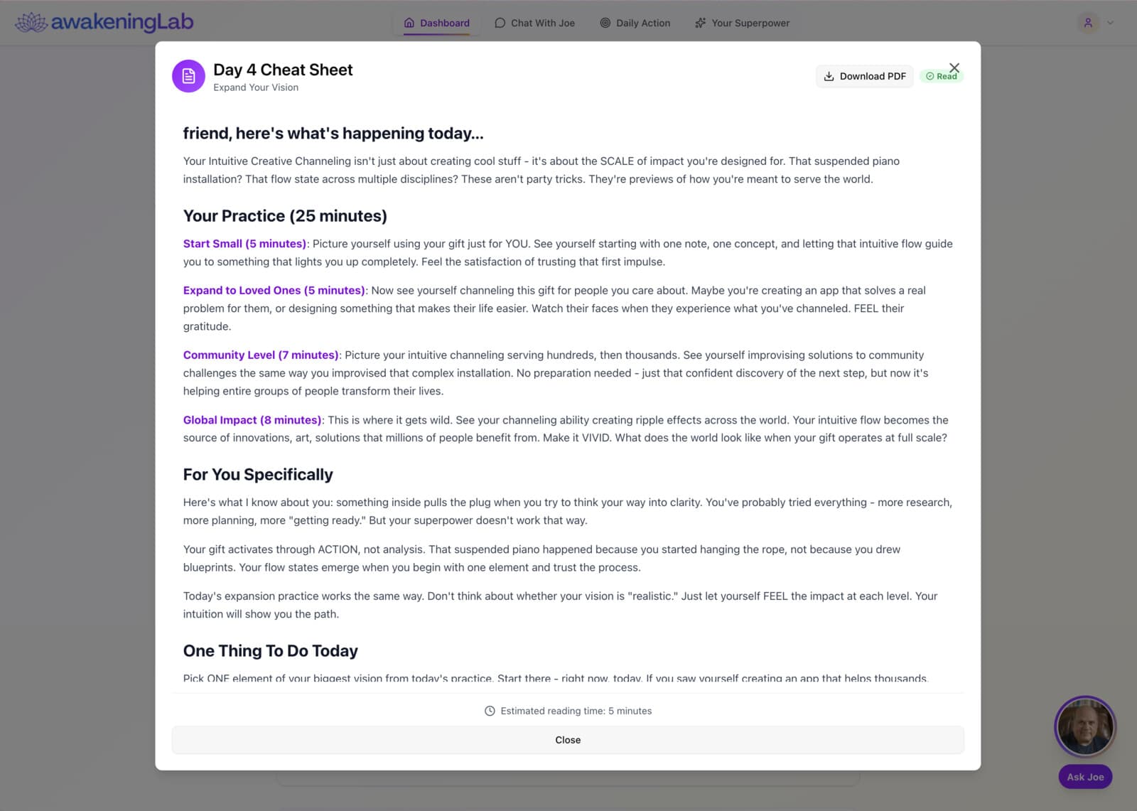 Day 4 cheat sheet showing personalized content that references Hannah's specific assessment answers, including timed practice sections