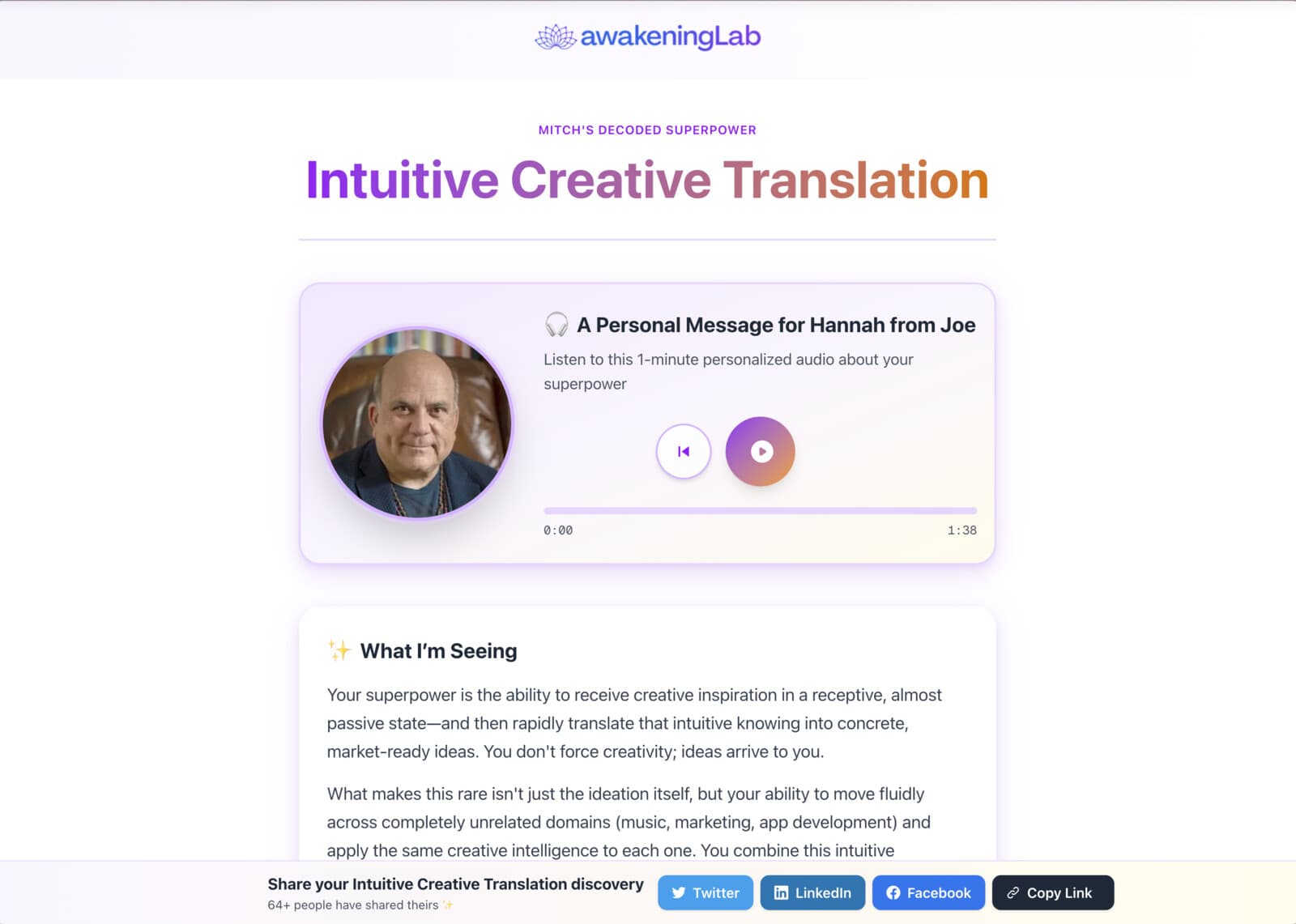 Hannah's personalized result page showing her unique superpower name 'Intuitive Creative Translation', a personalized audio message from Joe, and detailed analysis